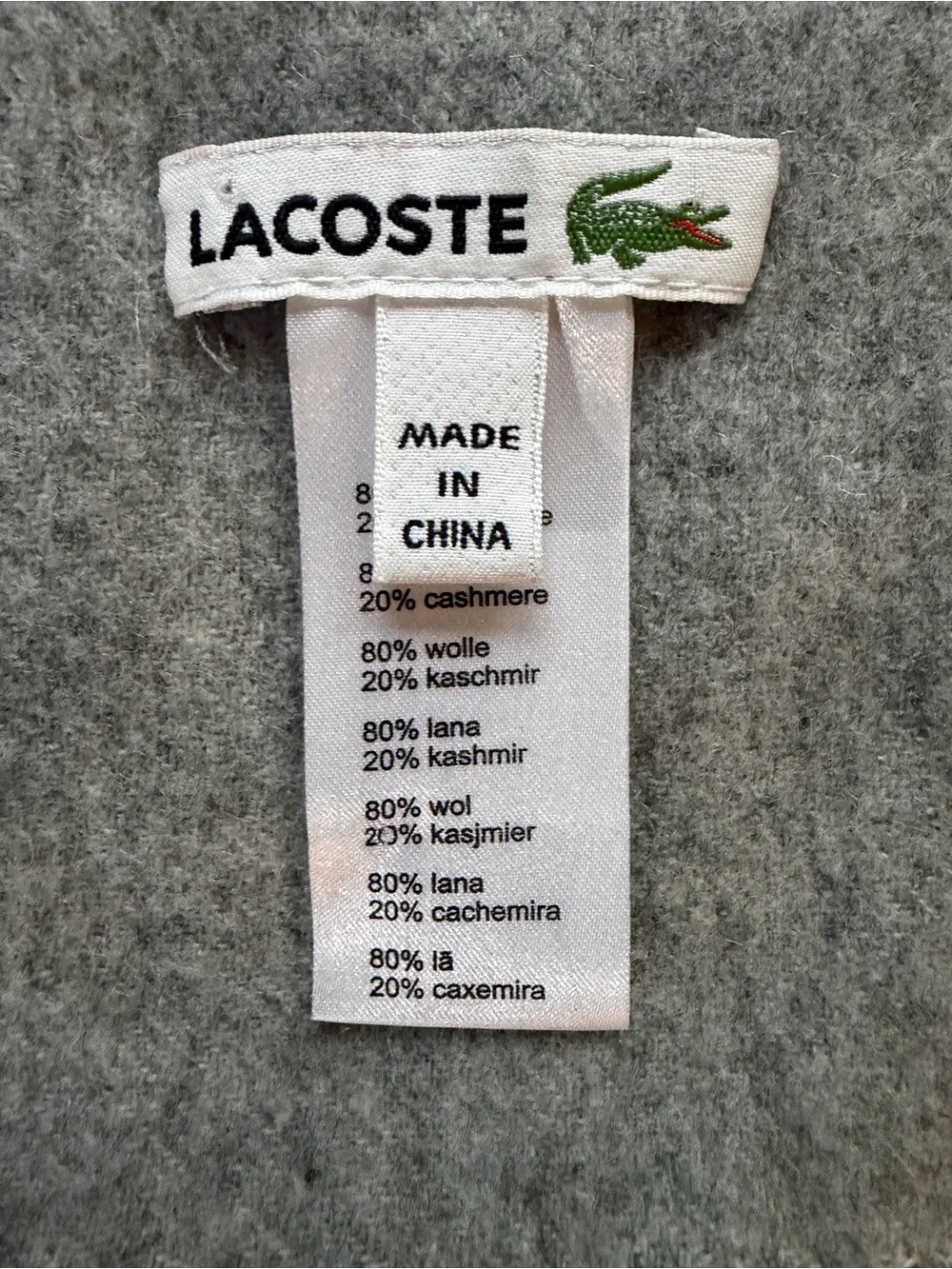 NWOT Lacoste Light Gray Fringed Wool Scarf with Green Crocodile Logo
